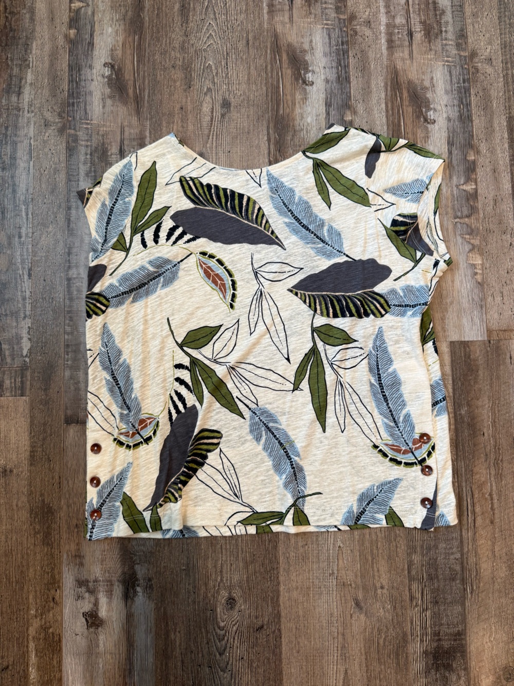Leaf Print Short Sleeve Top with Button Detail